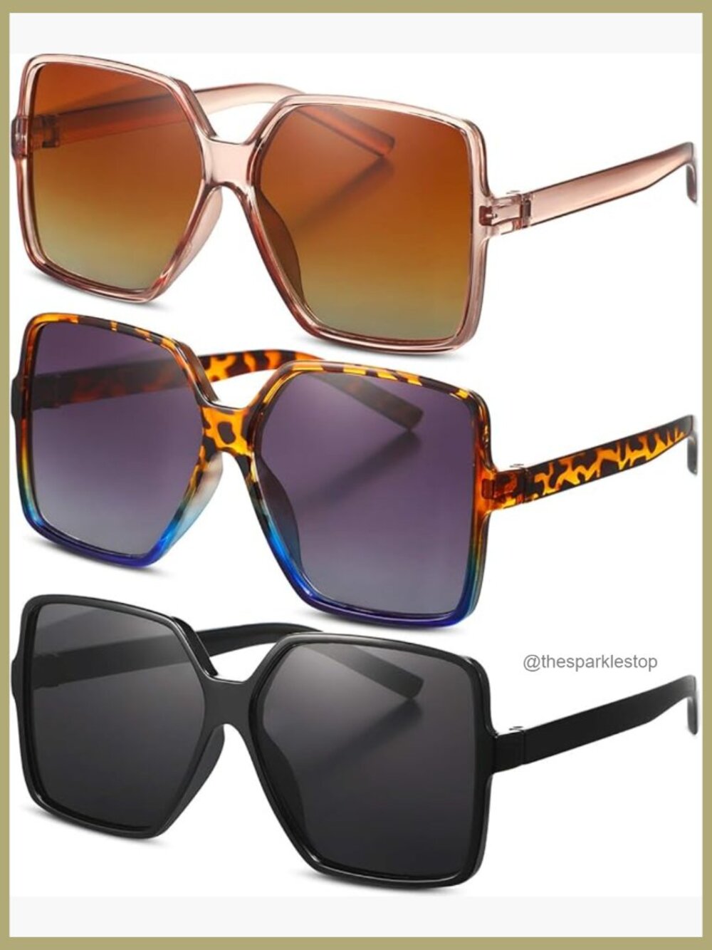 Oversized Square Sunglasses, Polycarbonate Lens, 3 Pairs